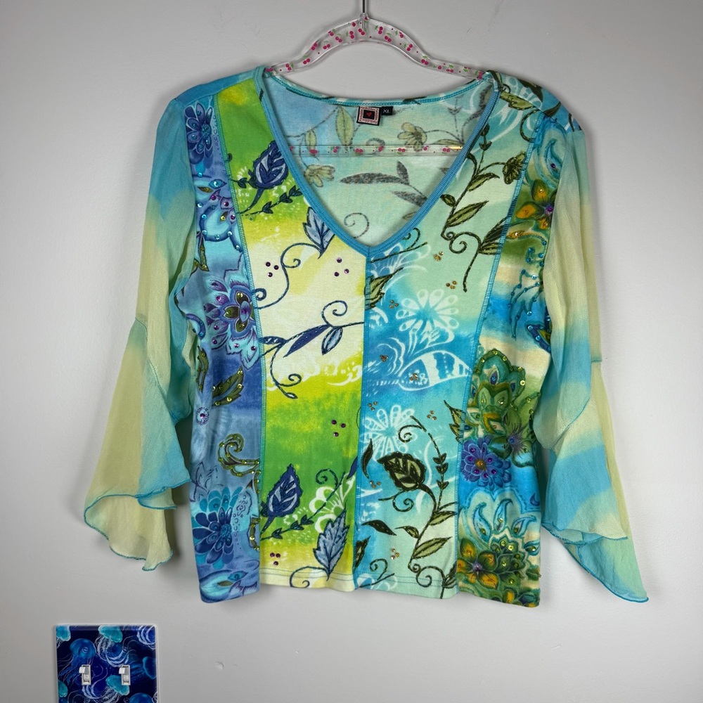 Forbidden Vintage 90s Top Women XL Blue Floral Beaded Y2K Fairy V-Neck Cropped